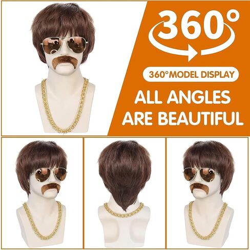 JoneTing 5Pcs Mens Afro Wig 【+Wig Cap +Glasses +Mustache +Necklace】 Disco Wig for Men 70s Mens Wig 70s Wigs for Men 1970s Mens Disco Wig Curly Wig for Men Brown Synthetic Wig for Halloween Party in Kuwait