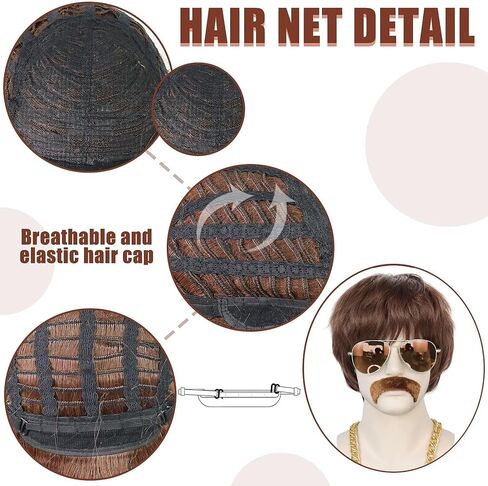 JoneTing 5Pcs Mens Afro Wig 【+Wig Cap +Glasses +Mustache +Necklace】 Disco Wig for Men 70s Mens Wig 70s Wigs for Men 1970s Mens Disco Wig Curly Wig for Men Brown Synthetic Wig for Halloween Party in Kuwait