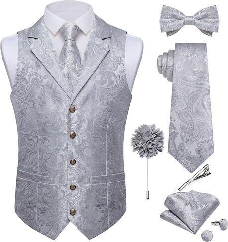 DiBanGu Silk Vest Tie Set for Men,Woven Paisley Dress Waistcoat and Bowtie Pocket Square Cufflinks Lapel Pin Formal Suit Vest in Kuwait