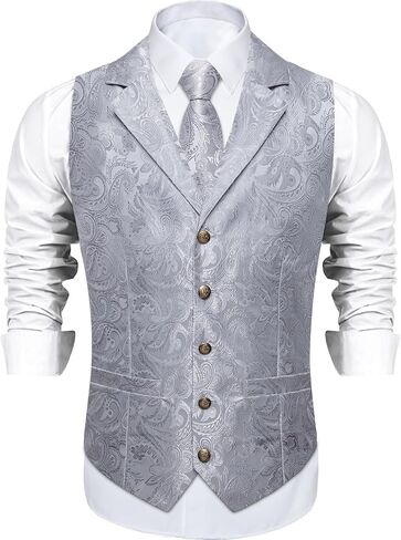 DiBanGu Silk Vest Tie Set for Men,Woven Paisley Dress Waistcoat and Bowtie Pocket Square Cufflinks Lapel Pin Formal Suit Vest in Kuwait