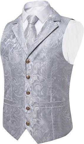 DiBanGu Silk Vest Tie Set for Men,Woven Paisley Dress Waistcoat and Bowtie Pocket Square Cufflinks Lapel Pin Formal Suit Vest in Kuwait