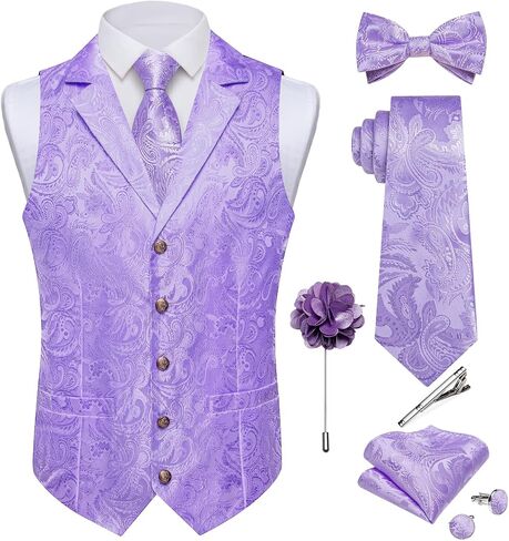 DiBanGu Silk Vest Tie Set for Men,Woven Paisley Dress Waistcoat and Bowtie Pocket Square Cufflinks Lapel Pin Formal Suit Vest in Kuwait