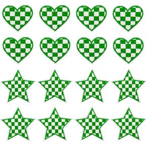 16Pcs Black&White Checkered Heart&Star Western Iron on Embroidered Set, Contains 8 Heart Patches and 8 Star Patches, Black&White Embroidered Sew on Patch Applique Embellishments for Jeans, Hat