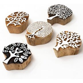 Tree Shape Wooden Block Stamps - Wooden Printing Stamps - Indian Textile Printing Blocks for Tattoo Clay Pottery Henna Card Making Pack of 5, Hashcart®