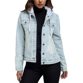 MISS MOLY Denim Jackets For Women Detachable Hoodie Button Down Causal Jean Jacket Coat