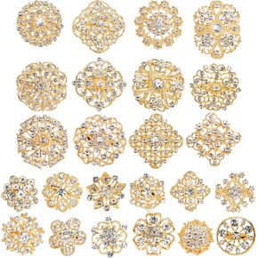 Hiceeden 24 Pieces Gold Crystal Brooches for Women, Rhinestone Brooches and Pins Flower Brooch for Crafts, Diamond Pins for Flower Wedding Bouquet Pins Set