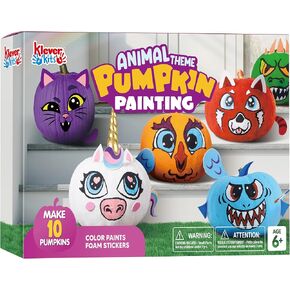 Klever Kits Halloween Pumpkin Decorating Kit, Halloween Party Supplies Arts Crafts, Party Favor for Kids, DIY Pumpkin Painting Kit with 10 Animal Designs, Coloring Craft Games Classroom Activities