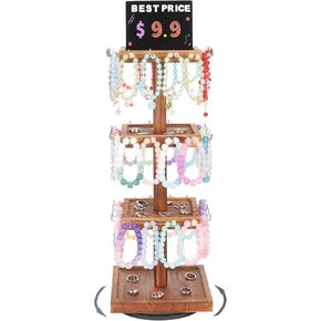 Bracelet Holder, 360° Rotating Jewelry Holder Organzier with Tray, Wooden Jewelry Stand with 48 Hooks, 4-Tier Large Capacity Jewelry Display Tower for Vendors Sell Bracelet Keychain Earring