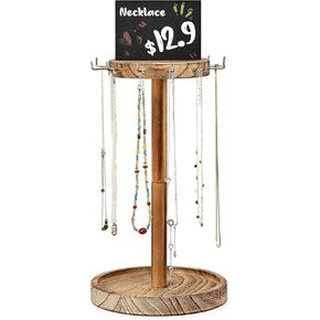 Bracelet Holder, 3 Tier Wooden Rotating Organizer Stand, Rustic Jewelry Hanger Display for Bracelets, Keychains, Hair Accessories, 36 Hooks, Rack with Advertising Board - Brown
