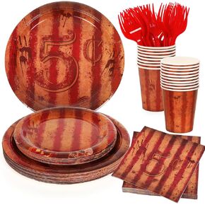 144 Pieces Creepy Carnival Tableware and Cutlery Set Dark Red Striped 9 Inch 7 Inch Paper Plates Napkins Cups Deep Red Plastic Forks Circus Theme Party Supplies for Halloween Birthday Picnic