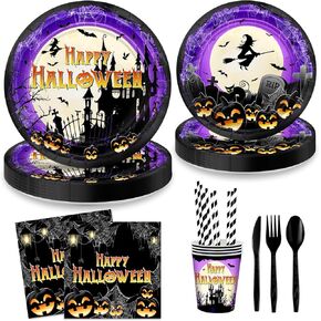 Avezano 192 Pcs Halloween Paper Plates and Napkins Happy Halloween Tableware Scary Moon Night Halloween Birthday Baby Shower Party Decorations Serve 24 (Orange)