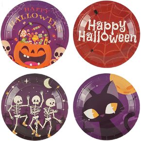 48PCS Halloween Plates 7 inch, Halloween Paper Plates Halloween Party Plates in 4 Designs - Cat Pumpkin Skeleton Happy Halloween Dinnerware for Halloween Decorations
