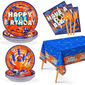 98Pcs Dart War Birthday Party Decorations Dart War Party Plates Napkins Forks Tablecloths Disposable 350GSM Dart War Paper Tableware Set for Kids Boys Birthday Party Dart War Party Supplies, Serve 24