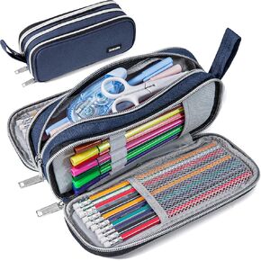 Pencil Case with 3 Compartments, Canvas Zipper Pencil Pouch, Large Pencil bag, Big Pen Case Pouch Organizer for Adults, Pencil Pouches for Middle High School Teen Boys Girls - Black