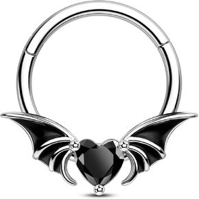 CM Crareesi Mania Halloween Septum Rings Bat Septum Piercing Jewelry 316L Stainless Daith Earrings Helix Cartilage Piercing Jewelry 16G Black Heart CZ Septum Ring