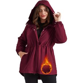 Hanna Nikole Women's Long Rain Jacket Plus Size Fleece Lined Waterproof Hooded Rain Coat Lightweight Pockets Windbreaker Trip