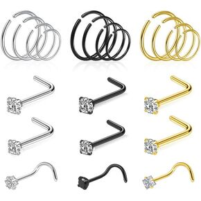 21 Pcs Hoop Nose Rings Surgical Steel Nose Rings for Women 20G Nose Piercing Jewelry Silver Gold Black Nose Piercings Corkscrew Nose Studs L Shaped Nose Rings Nose Rings Hoops 6mm 8mm 10mm 12mm