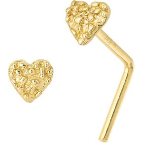 Solid 14K Yellow Gold Nugget Heart Nose Stud, Heart Shape Nose Ring 22G L-Bend, Ball-end, Nose Screw Stud, Unisex Nose Ring