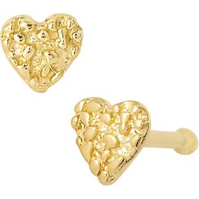 Solid 14K Yellow Gold Nugget Heart Nose Stud, Heart Shape Nose Ring 22G L-Bend, Ball-end, Nose Screw Stud, Unisex Nose Ring