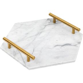 White Marble Tray with Gold Handles - Marble Perfume Tray for Vanity - Round Decorative Tray (Round, White)