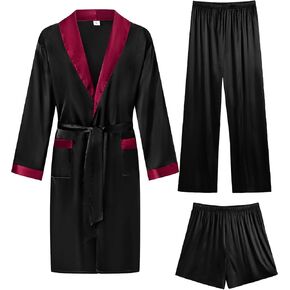 LecGee Men’s Silk Satin Robe 3 Pcs Silky Kimono Bathrobe with Shorts &Pants Set Soft Loungewear
