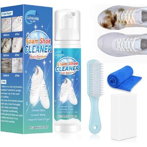 White Shoe Cleaner, 6.76 Oz Shoe Cleaning Kit Removes Dirt and Stains, Sneaker Cleaner with Brush and Towel, Shoe Cleaner Kit Works on White Shoes, Leather, Knit, Boots, Canvas, Suede, PU, and Fabric.