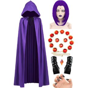 Halloween Costumes for Women, Purple Cape, Anime Cosplay Hooded Cloak, Purple Anime Wig, Adjustable Red Stones Waist Belt, Faux Leather Gloves, Womens Anime Costumes Props Set