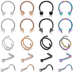 YTANDZP 20-33 Pcs Stainless Steel Nose Rings for Women Nose Rings Hoops L Shaped Nose Studs Screw Nose Piercing Jewelry