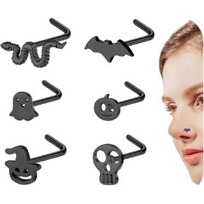 20G Halloween Nose Ring Studs Surgical Steel Nostril Studs for Women Men Black Nose Rings L Shaped Ghost Pumpkin Bat Skull Gothic Nose Piercing Jewelry，6/9PCS