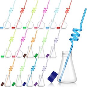 Tanlade 32 Pieces Science Party Theme Cups Set with Silly Loop Straws, Plastic Reusable Conical Flask Round Bottom Flask Shape Bottles and Funny Colorful Drinking Straws for Science Party Decorations