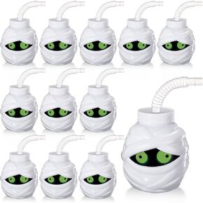 Umigy 12 Pcs Halloween Cup for Kids 10 oz Reusable Plastic Cups Bulk Skull Ghost Mummy Shaped Cup with Lid and Straw for Gift Halloween Themed Party Favor Supplies(Ghost)