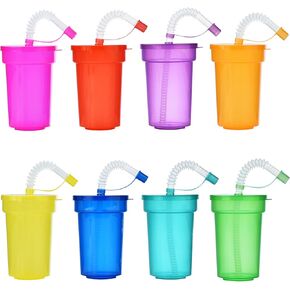 ALINK Plastic Kids Party Cups with Lids and Straws, 16pcs 12 oz Leak Proof Colorful Party Favor Cups for Birthday, Holiday, Events, Party Decoration Supplies