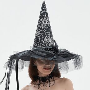 Halloween Witch Hat,Large Black Witch Hats with Hand-sewn Sequins, Rose & Feathe