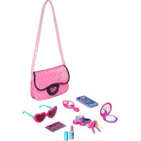 Amazon Basics 8-Piece Pretend Play Purse Toy with Accessories for Girls Ages 3 and Up, Handbag Gift Set Including Smartphone, Sunglasses, Makeup Compact, Keys and Credit Card, Pink