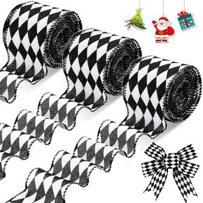 3 Rolls 30 Yards Black White Harlequin Ribbon Checkered Wired Ribbon Decorative for Xmas Fall Tree Wrapping Wreath Bouquet Crafts(2.5 Inch Wide)