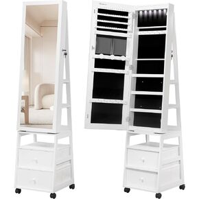 Jewelry Cabinet，42.5" Lockable Standing Jewellery Mirror Cabinet with 2 Drawers, 360° Swivel Jewellery Cabinet with Lights on Four Wheels, Full Length Mirror, White JC37503B
