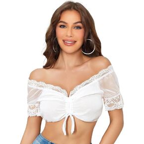 RSLOVE Womens Oktoberfest Dirndl Blouse - Bavarian Dirndl Shirt Authentic Dirndl Costume Lace V-Neck Crop Top Off Shoulder