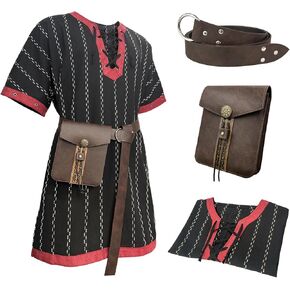 HiiFeuer Medieval Stripe Loose Tunic Top, With Vintage Belt and Bag, Renaissance Knight Lace Up Shirt, Viking Pirate Costume