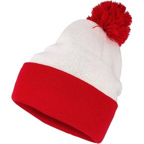 Armycrew Red White Striped Pom Pom Cuff Beanie Hat (One Size, 2 Pack (Two Tone))