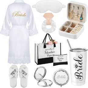 JaGely 9 Pcs Bride Gifts Set Bride Shower Bachelorette Gifts for Bride Wine Tumbler Robe Bag Eyemask Scrunchie Jewelry Box