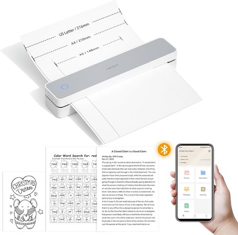 HPRT MT610 Pro Portable Printer Wireless for Travel, Support 8.5x11 US Letter&A4 Thermal Paper, Bluetooth Thermal Printer, Compatible with Android and iOS Phone & Laptop, Inkless Printer, White in Kuwait