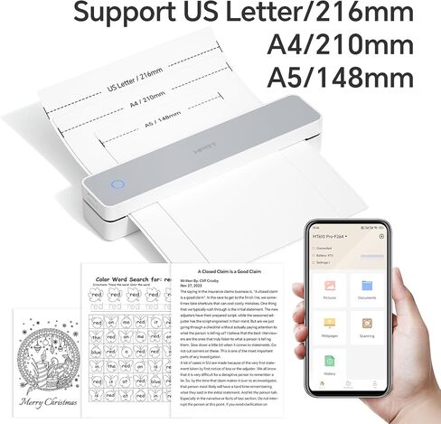 HPRT MT610 Pro Portable Printer Wireless for Travel, Support 8.5x11 US Letter&A4 Thermal Paper, Bluetooth Thermal Printer, Compatible with Android and iOS Phone & Laptop, Inkless Printer, White in Kuwait