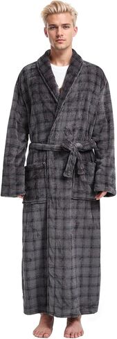 Men's Fleece Plush Bathrobe Full Length Big and Tall Shawl Collar Plaid Men Robe in Saudi Arabia