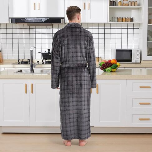 Men's Fleece Plush Bathrobe Full Length Big and Tall Shawl Collar Plaid Men Robe in Saudi Arabia