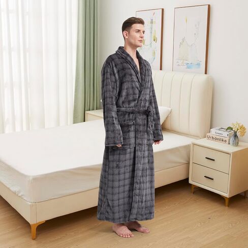 Men's Fleece Plush Bathrobe Full Length Big and Tall Shawl Collar Plaid Men Robe in Saudi Arabia
