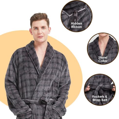 Men's Fleece Plush Bathrobe Full Length Big and Tall Shawl Collar Plaid Men Robe in Saudi Arabia