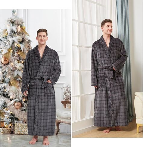 Men's Fleece Plush Bathrobe Full Length Big and Tall Shawl Collar Plaid Men Robe in Saudi Arabia