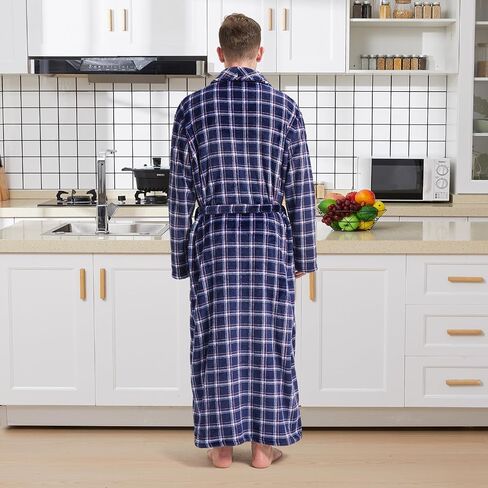 Men's Fleece Plush Bathrobe Full Length Big and Tall Shawl Collar Plaid Men Robe in Saudi Arabia