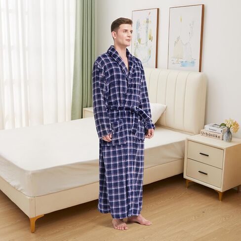 Men's Fleece Plush Bathrobe Full Length Big and Tall Shawl Collar Plaid Men Robe in Saudi Arabia
