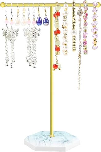 Jewelry Organizer Tower, T-bar Necklace Holder, Metal Jewelry Organizer for Bracelets, Necklaces, Earrings, Rings and Watches (golden+white) in Saudi Arabia